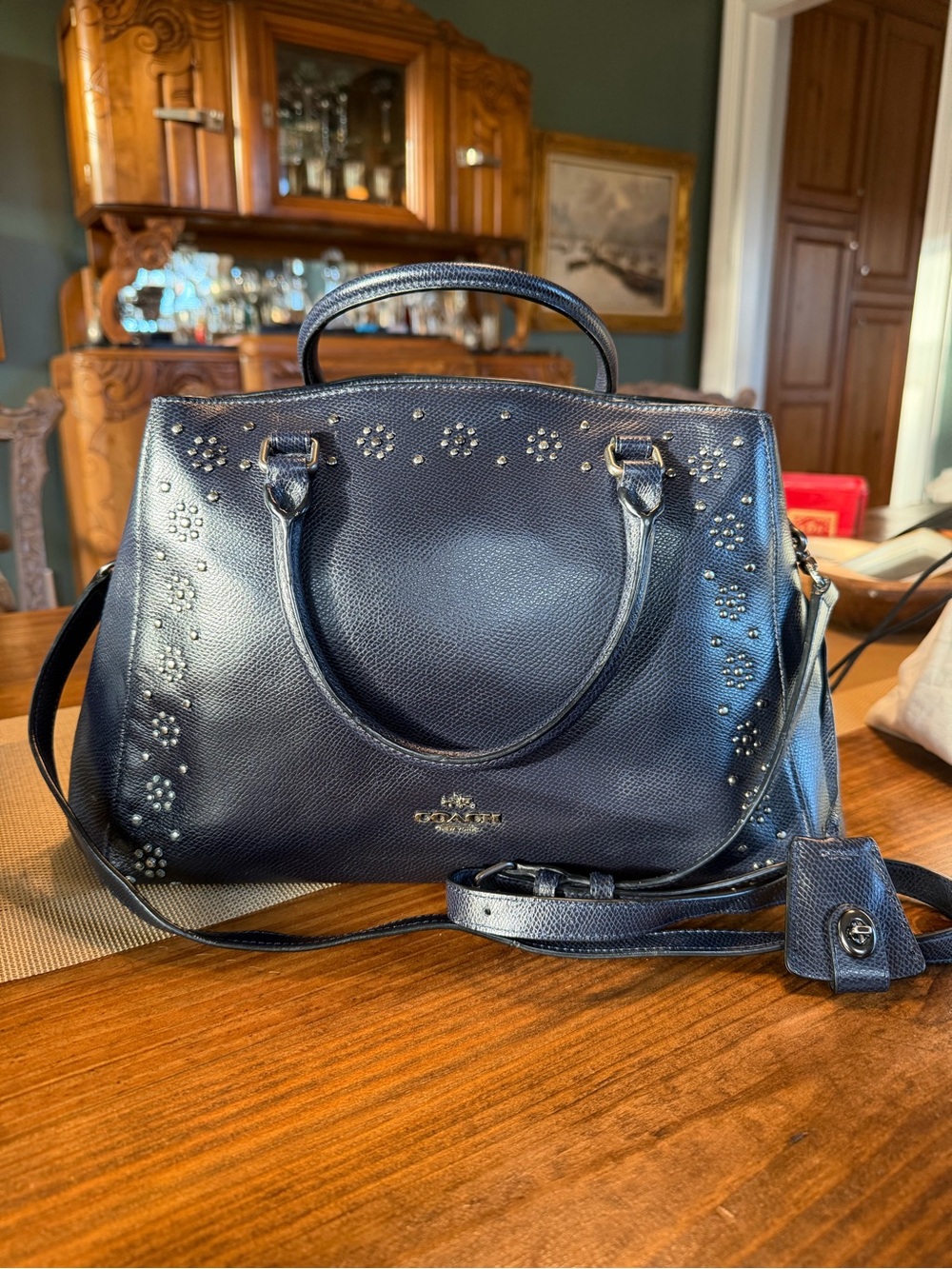 Coach Margot Border Stud Navy Leather Satchel  Crossbody Bag F36640